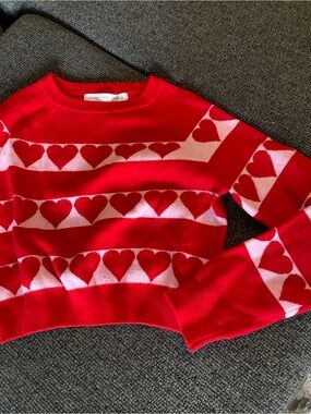 Altar’d State Heart Stripe Red Crewneck Sweater cropped